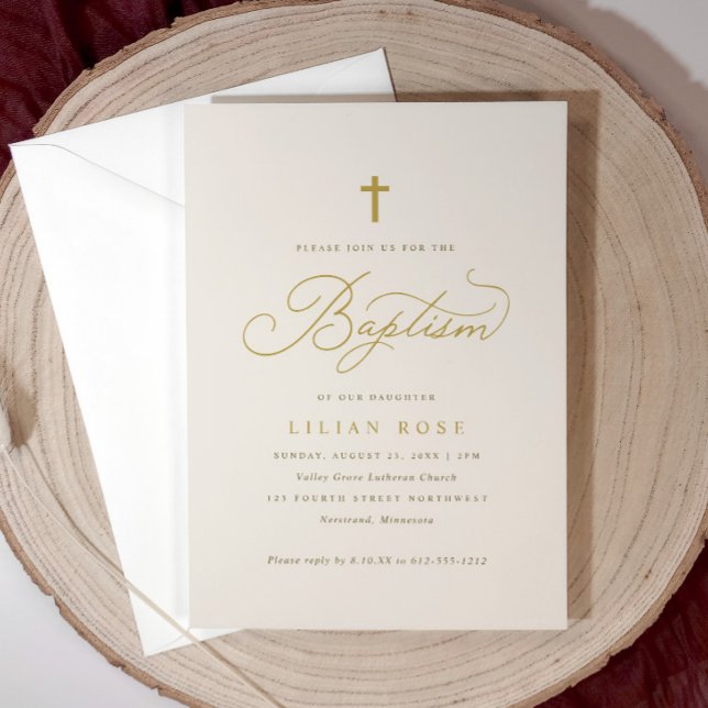 Convite Elegante Baptism Beige Champagne - Coroa (Light beige baptism invitation with gold cross and script—timeless and personalized.)