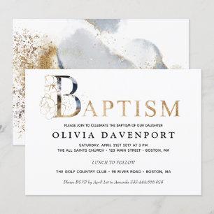 Convite Elegante Baptism boy gold e azul