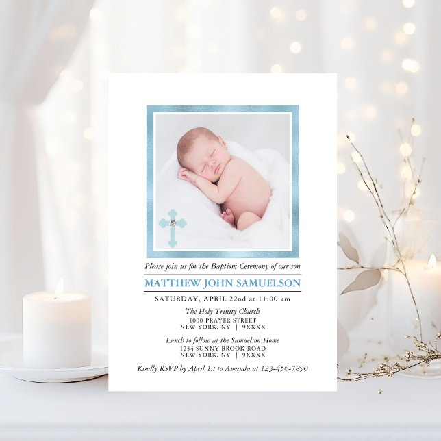 Convite Elegante BAPTISM CHRISTENING Blue Boy | FOTO (Elegant BAPTISM CHRISTENING Blue Boy  PHOTO Invitation)