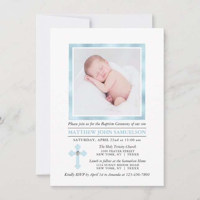 Convite Elegante BAPTISM CRISTENTE Cross Blue Boy | FOTO (Frente)