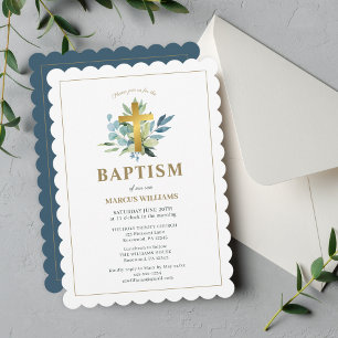 Convite Elegante Baptism Dourado Cross Watercolor
