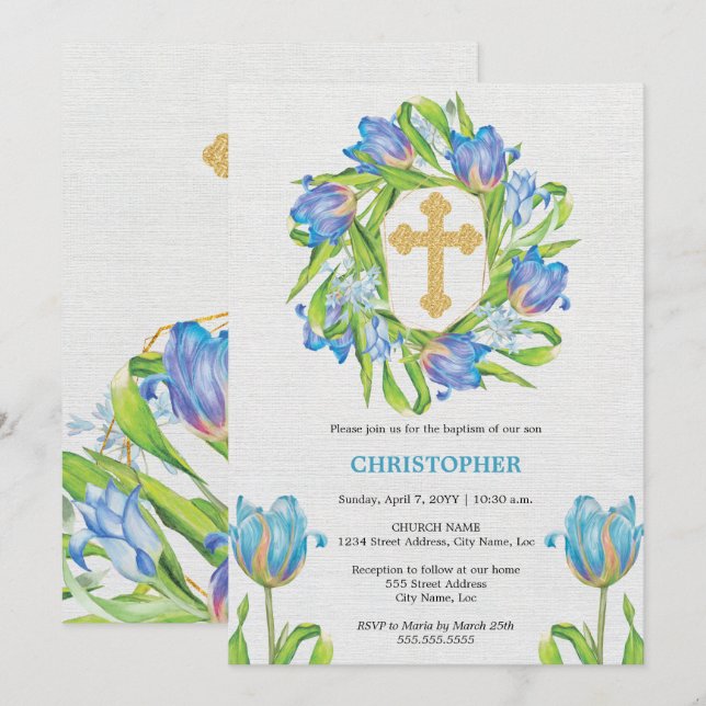 Convite Elegante Baptism Floral (Frente/Verso)