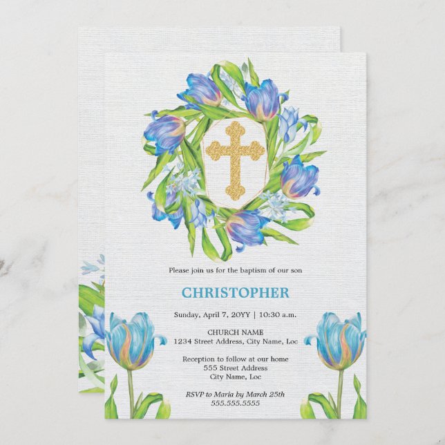 Convite Elegante Baptism Floral (Frente/Verso)