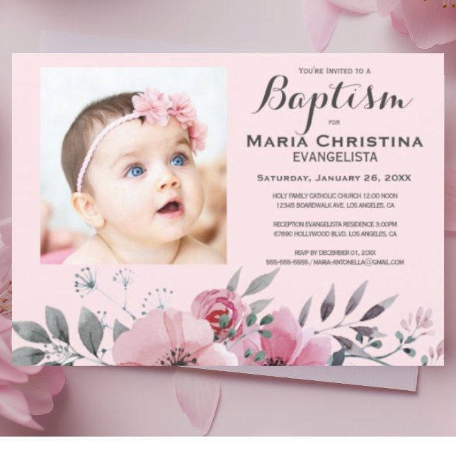 Convite Elegante BAPTISM Floral Rosa Suave (Criador carregado)