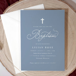 Convite Elegante Baptism Script Cross Dusty Blue