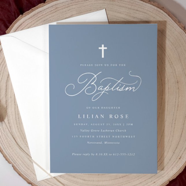Convite Elegante Baptism Script Cross Dusty Blue (Dusty blue baptism invitation with gold script and cross—elegant, soft, and personalized.)