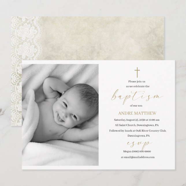 Convite Elegante Baptismo Foto personalizada de evento rel (Frente/Verso)