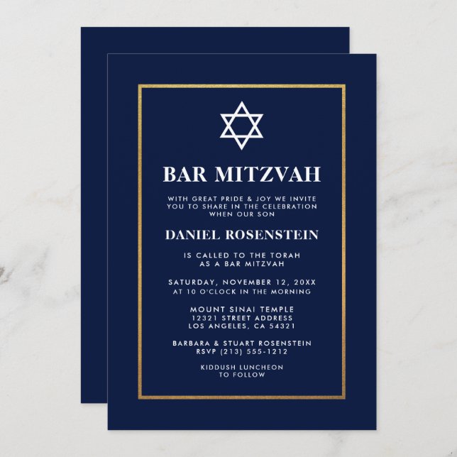 Convite Elegante Bar Mitzvah Azul Dourado (Frente/Verso)