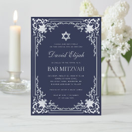 Convite Elegante Bar Mitzvah Azul Marinho Cinza Prata Vint