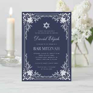 Convite Elegante Bar Mitzvah Azul Marinho Cinza Prata Vint
