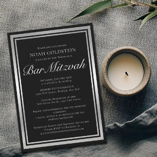Convite Elegante Bar Mitzvah Formal Preto Prata