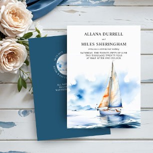 Convite Elegante Barco à Vela Oceânico Aquarela Casamento