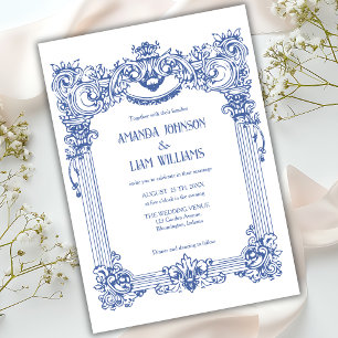 Convite Elegante Barroco Floral Azul Coluna Casamento