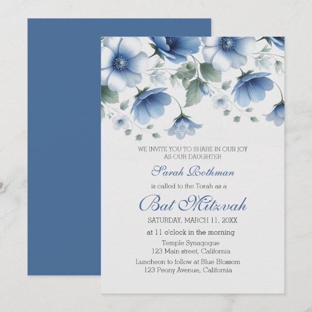 Convite Elegante Bat Mitzvah Floral Azul Menina (Frente/Verso)