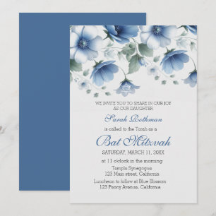 Convite Elegante Bat Mitzvah Floral Azul Menina