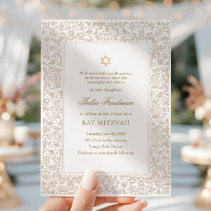 Convite Elegante Bat Mitzvah Floral em Ouro Moderno