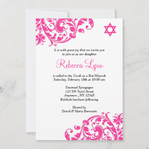 Convite Elegante Bat Mitzvah, Floreado Rosa,