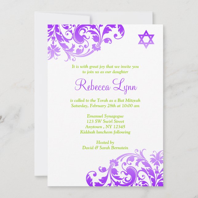 Convite Elegante Bat Mitzvah Flourish Ombre Roxo (Frente)