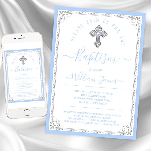 Convite Elegante Batismo Bebê Azul Prata Menino (Baby blue silver cross baptism invitation. Instant download and printed invitations available.)