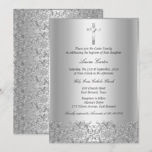 Convite Elegante Batismo/Crisma em Damask & Cruz de Prata