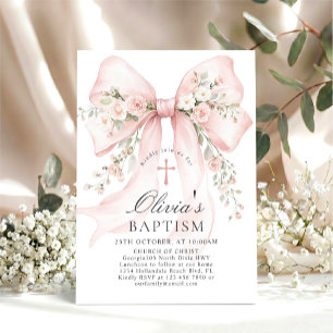 Convite Elegante Batismo Cristão de Menina Rosa Arco Flora