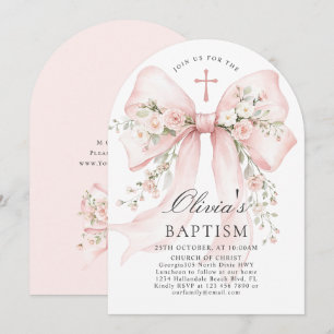Convite Elegante Batismo Cristão de Menina Rosa Arco Flora