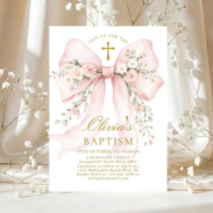Convite Elegante Batismo Cristão de Menina Rosa Floral