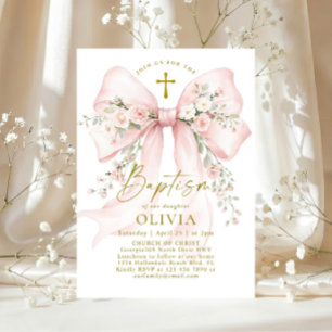 Convite Elegante Batismo Cristão de Menina Rosa Floral Arc