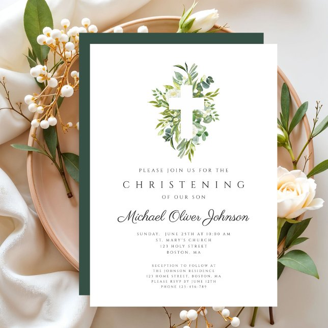 Convite Elegante Batismo Cruz Botânica Religiosa (Elegant Religious Botanical Cross Christening Invitation)