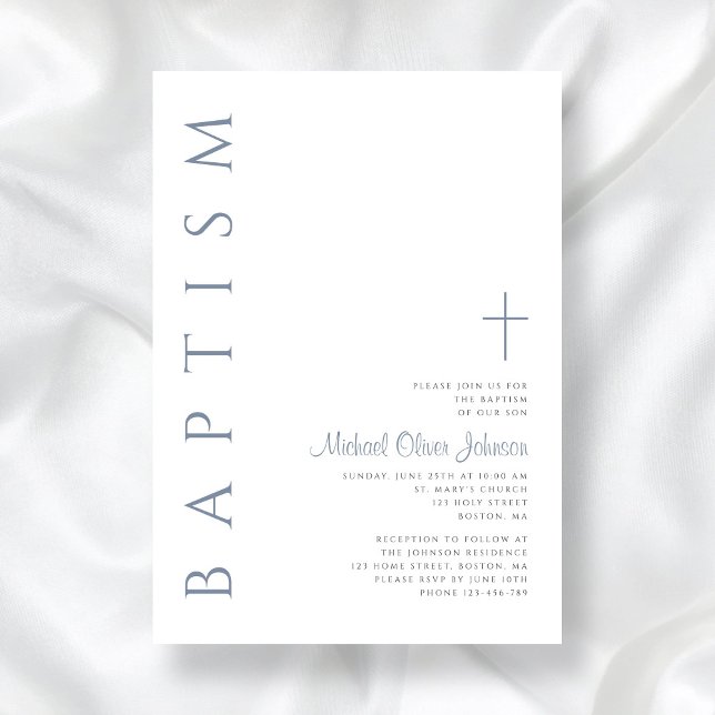 Convite Elegante Batismo Cruz em Script Azul Empoeirado (Elegant Dusty Blue Script Cross Baptism Invitation)