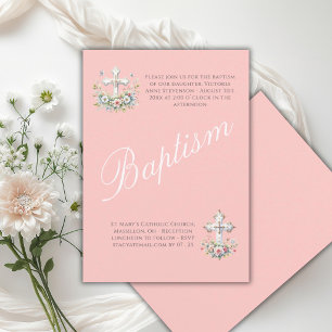 Convite Elegante Batismo de Bebê Menina Religiosa Rosa