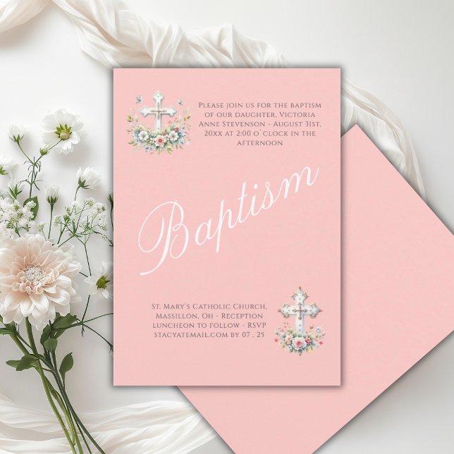 Convite Elegante Batismo de Bebê Menina Religiosa Rosa (Criador carregado)