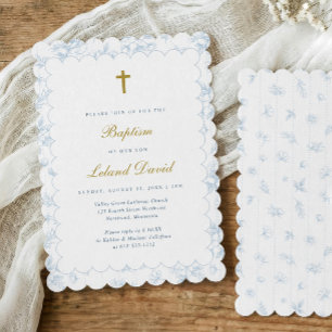 Convite Elegante Batismo de Bebê Menino em Azul Toile Vint