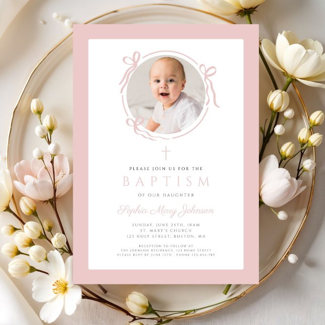 Convite Elegante Batismo de Foto com Laço Rosa (Elegant Blush Pink Bow Photo Baptism Invitation)