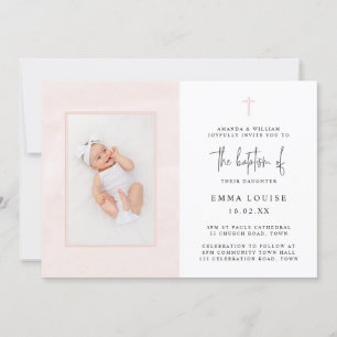 Convite Elegante Batismo de Foto Minimalista Aquarela Rosa
