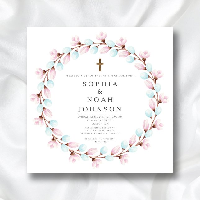 Convite Elegante Batismo de Gêmeos Cruz Rosa Azul (Elegant Pink Blue Cross Twins Baptism Invitation)
