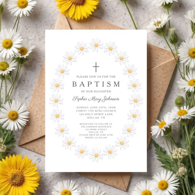 Convite Elegante Batismo de Menina com Flores de Margarida (Elegant Floral Daisies Girl Baptism Invitation)