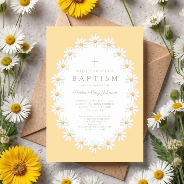 Convite Elegante Batismo de Menina com Margaridas Florais (Elegant Floral Daisies Girl Baptism Invitation)