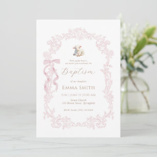 Convite Elegante Batismo de Menina Cristã Cordeiro Rosa