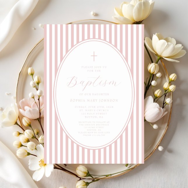 Convite Elegante Batismo de Menina em Script Rosa (Elegant Pink Script Girl Baptism Invitation)