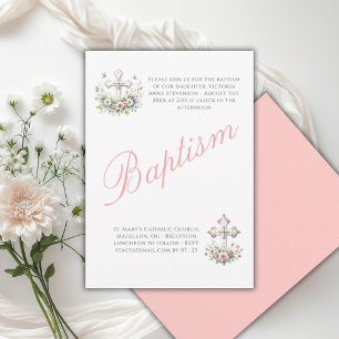 Convite Elegante Batismo de Menina Religiosa em Rosa