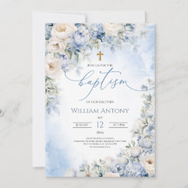 Convite Elegante Batismo de Menino Azul e Marfim Floral Cr