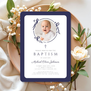 Convite Elegante Batismo de Menino com Laço Azul Marinho e