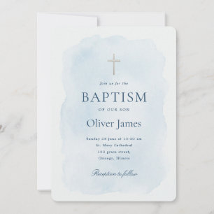Convite Elegante Batismo de Menino Cruz Dourada Aquarela A