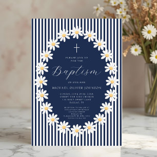 Convite Elegante Batismo Floral Azul Marinho Menino