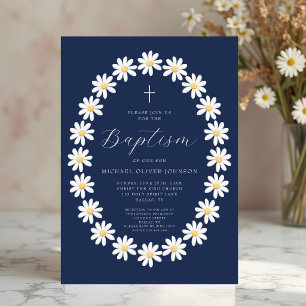 Convite Elegante Batismo Floral Azul Marinho Menino