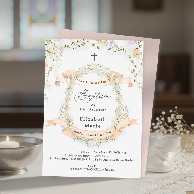 Convite Elegante Batismo Floral de Flores Silvestres da Pr (Elegant Spring Summer Wildflower Floral Baptism Invitation)