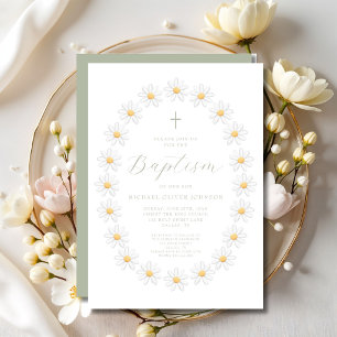 Convite Elegante Batismo Floral em Verde Sage Roscas