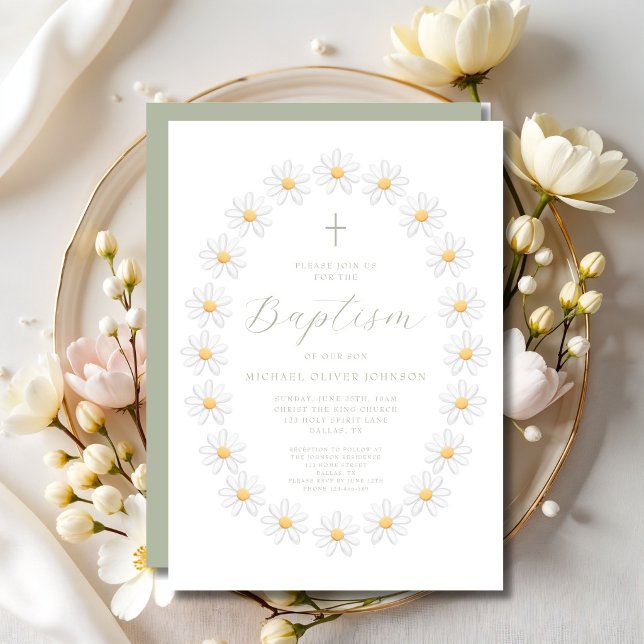Convite Elegante Batismo Floral em Verde Sage Roscas (Elegant Sage Green Script Floral Baptism Invitation)