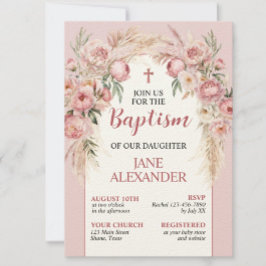 Convite Elegante Batismo Floral Rosa Pastel